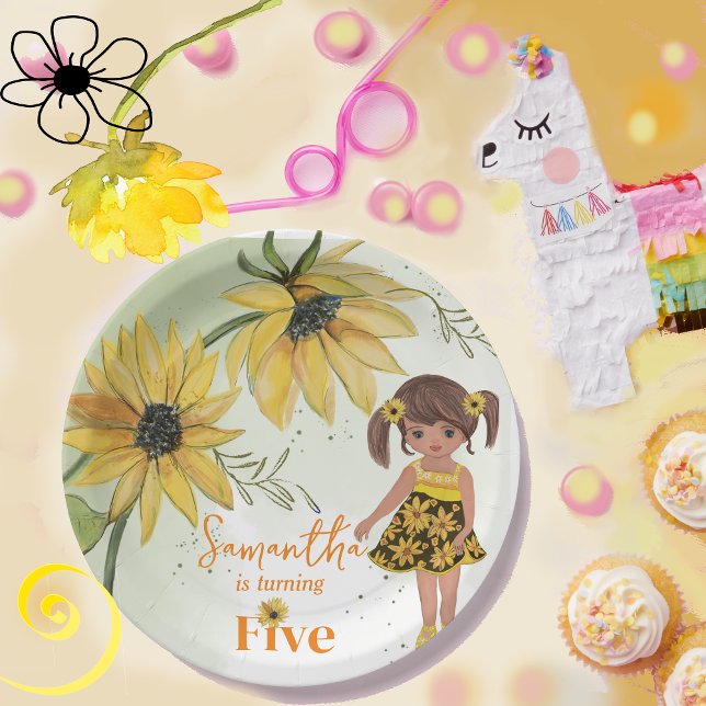 Little Sunflower Watercolor Fünftes Mädchen Geburt Pappteller (Little Sunflower Watercolor Fifth Girl Birthday Paper Plates)