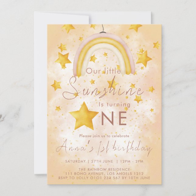 Little Sunshine Boho Rainbow Gold Star Geburtstag Einladung (Vorderseite)
