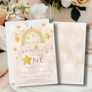 Little Sunshine Boho Rainbow Gold Star Geburtstag Einladung
