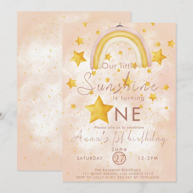 Little Sunshine Boho Rainbow Gold Star Geburtstag Einladung (Vorne/Hinten)