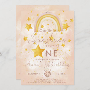 Little Sunshine Boho Rainbow Gold Star Geburtstag Einladung
