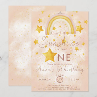 Little Sunshine Boho Rainbow Gold Star Geburtstag Einladung