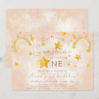 Little Sunshine Boho Rainbow Gold Star Geburtstag Einladung