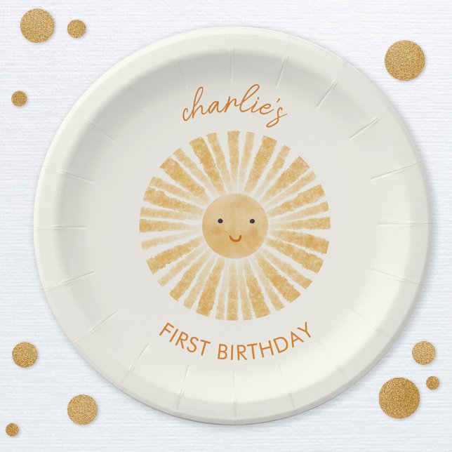 Little Sunshine Erster Geburtstag Personalisiert Pappteller (Little Sunshine happy watercolor personalized name first birthday party paper plates)