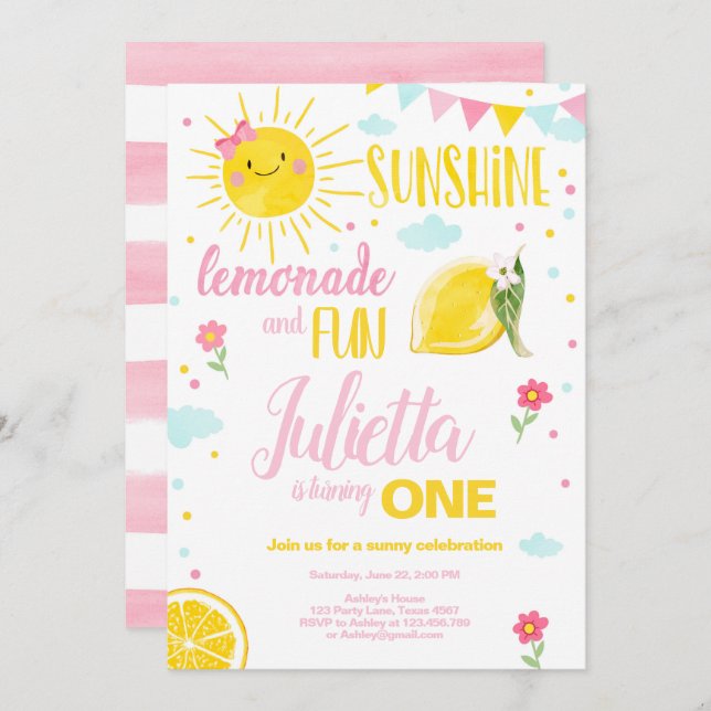 Little Sunshine Lemonade Pink Girl Lemon Geburtsta Einladung (Vorne/Hinten)