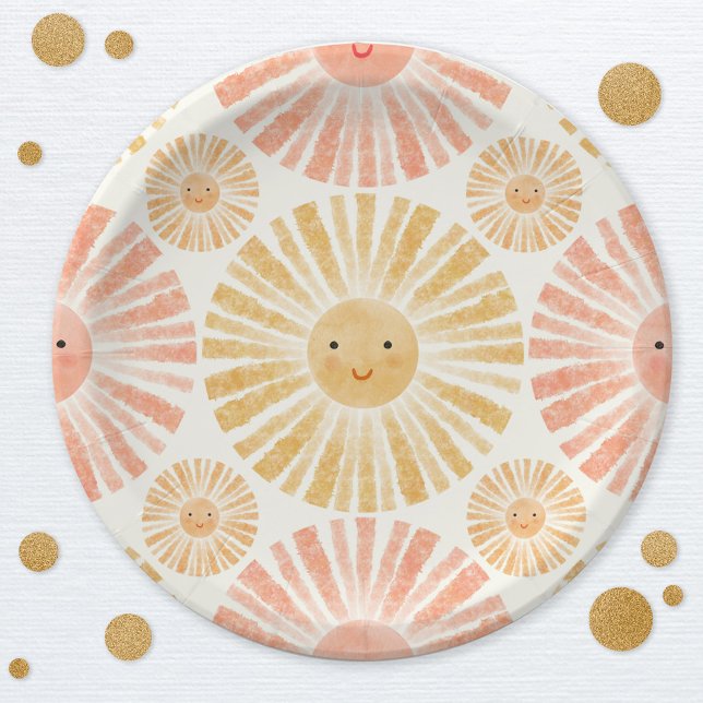 Little Sunshine Pattern Baby Dusche Pappteller (Little ray of sunshine watercolor pattern baby shower party paper plates)