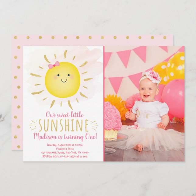 Little Sunshine Pink & Gold Geburtstag Einladung (Vorne/Hinten)