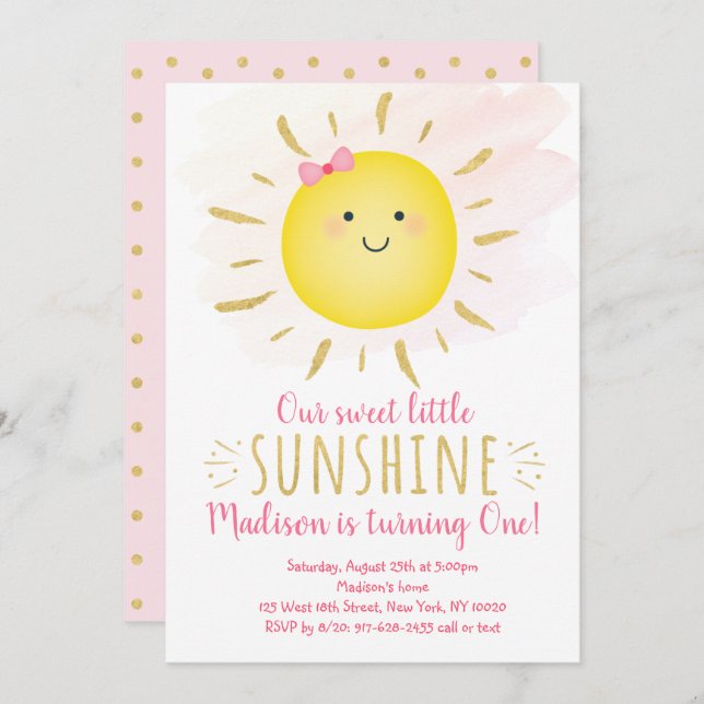 Little Sunshine Pink & Gold Geburtstag Einladung (Vorne/Hinten)
