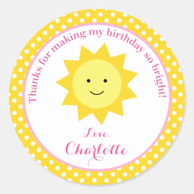 Little Sunshine Pink Yellow Birthday Party Gefalle Runder Aufkleber (Vorderseite)