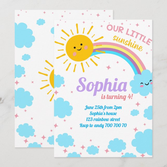 Little Sunshine Regenbogenwolken Pink Sun Birthday Einladung (Vorne/Hinten)