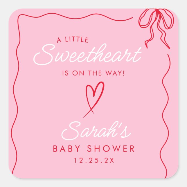 Little Sweatheart Valentines Rosa Red Baby Dusche Quadratischer Aufkleber (Vorderseite)