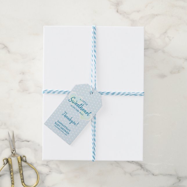 Little Sweetheart Baby Shower Blue Gift Tag Geschenkanhänger (Mit Garn)