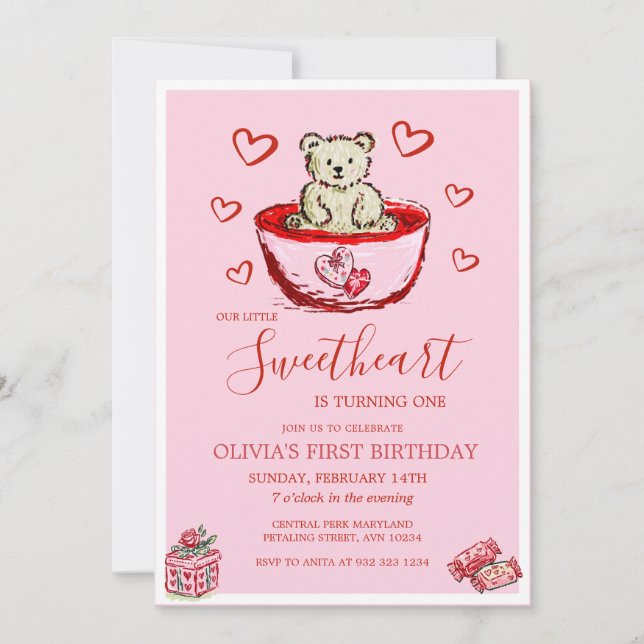 Little Sweetheart Birthday Bear Hearts Invitation Einladung (Vorderseite)