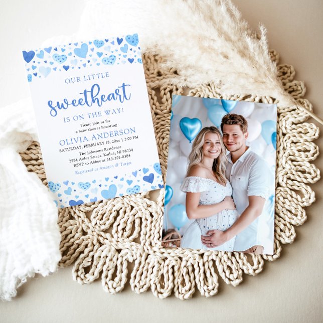 Little Sweetheart Blue Boy Valentine Baby Dusche Einladung (Watercolor Cute A Little Sweetheart Baby Blue Boy Hearts Valentine Photo Baby Shower Invitation)