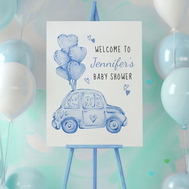 Little Sweetheart Blue Car und Balloons Willkommen Poster (Sweetheart themed baby shower welcome sign with blue car and balloons by Darling & May)