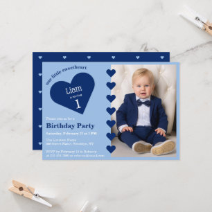 Little Sweetheart Boy Foto & Blue Heart Geburtstag Einladung