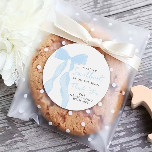 Little Sweetheart Elegant Blue Bow Baby Shower Runder Aufkleber (Von Creator hochgeladen)