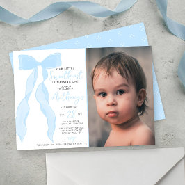 Little Sweetheart Elegant Blue Bow Birthday Photo Einladung