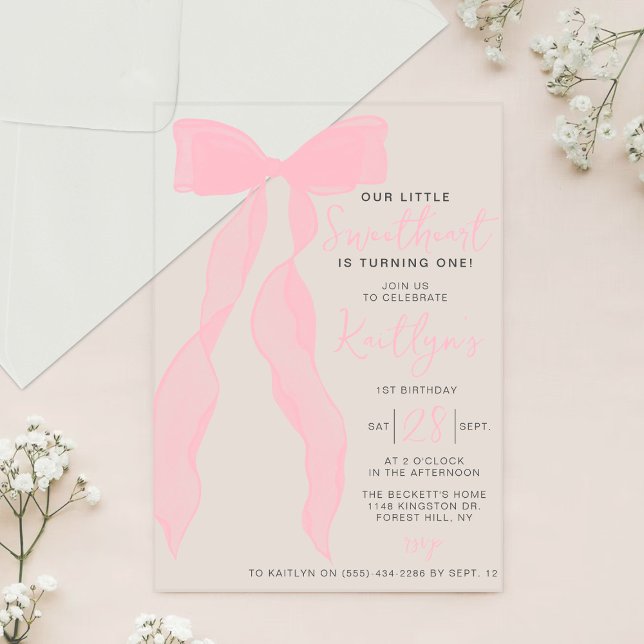 Little Sweetheart Elegant Pink Bow Birthday Party Acryleinladungen (Von Creator hochgeladen)