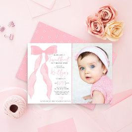 Little Sweetheart Elegant Pink Bow Birthday Photo Einladung