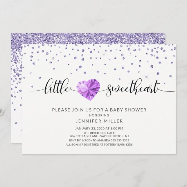 Little Sweetheart Lila Heart Girls Baby Dusche Einladung (Vorne/Hinten)