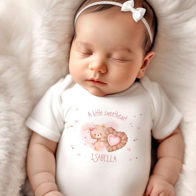 Little Sweetheart Pink Baby Bear Name Girl Baby Strampler (Little Sweetheart Pink Baby Bear Girl Baby Bodysuit)