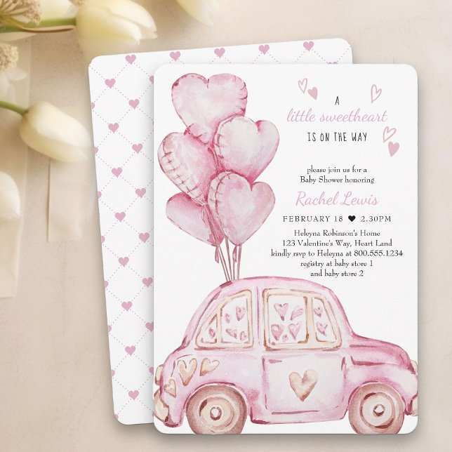 Little Sweetheart Pink Car und Balloon Baby Dusche Einladung (Little Sweetheart Baby Shower Invitation - professionally printed or printable download)