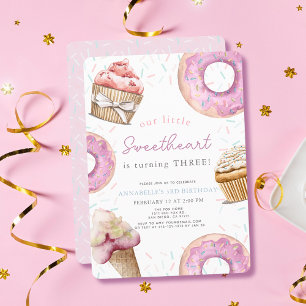 Little Sweetheart Pink Cupcake & Donut Birthday Einladung