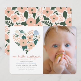 Little Sweetheart Pink Floral 1. Geburtstag Foto Einladung