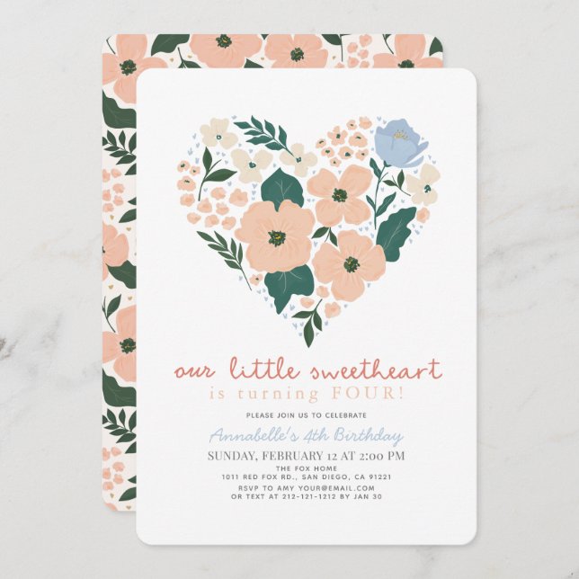 Little Sweetheart Pink Floral Girl Birthday Einladung (Vorne/Hinten)