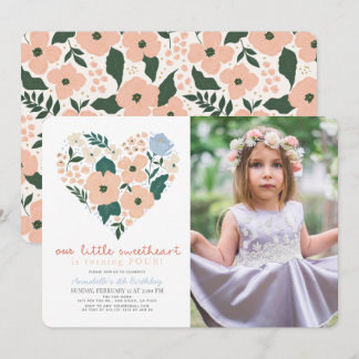 Little Sweetheart Pink Floral Girl Birthday Foto Einladung