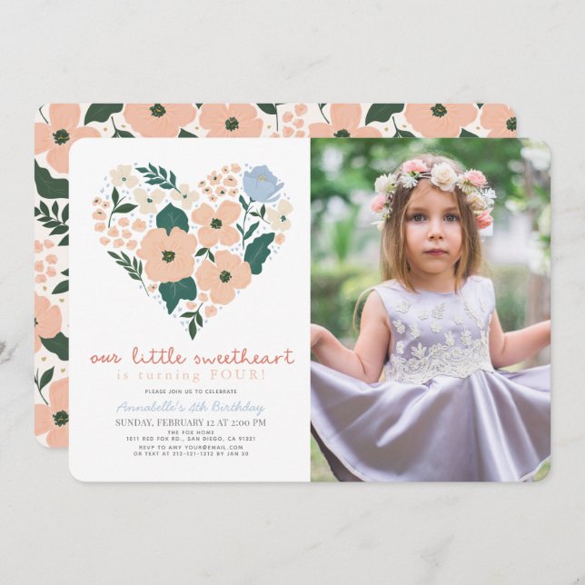 Little Sweetheart Pink Floral Girl Birthday Photo Einladung (Vorne/Hinten)