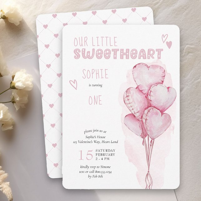 Little Sweetheart Pink Heart Balloons 1. Geburtsta Einladung (Little Sweetheart Girls Birthday Invitation - order printed or as printable instant download)