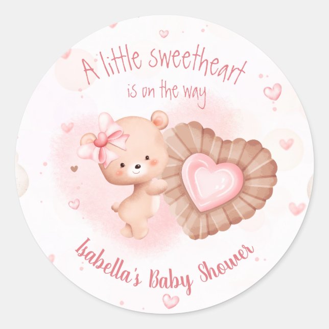 Little Sweetheart Pink Heart Girl Baby Dusche Runder Aufkleber (Vorderseite)