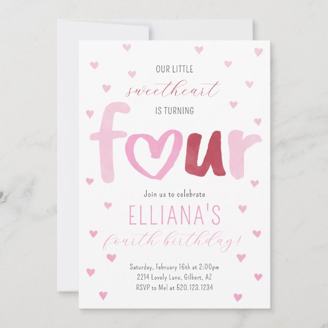 Little Sweetheart Pink Red Hearts 4. Geburtstag Einladung (Vorderseite)