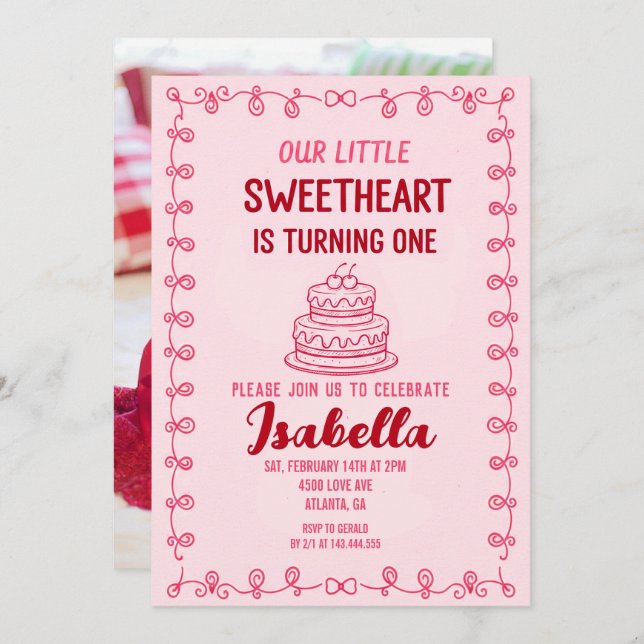Little Sweetheart Valentine 1st Birthday Cake  Einladung (Vorne/Hinten)