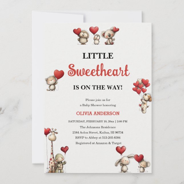 Little Sweetheart Valentine animals Baby Shower  Einladung (Vorderseite)