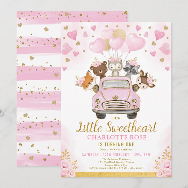 Little Sweetheart Woodland Animals Girl Geburtstag Einladung (Vorne/Hinten)
