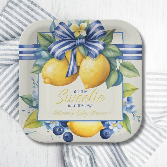 Little Sweetie Blue Bow Tile Lemon Baby Shower Pappteller (Von Creator hochgeladen)