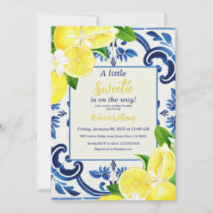 Little Sweetie Blue Tile Lemon Citrus Baby Dusche Einladung