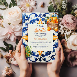 Little Sweetie Blue Tile Orange Citrus Baby Dusche Einladung