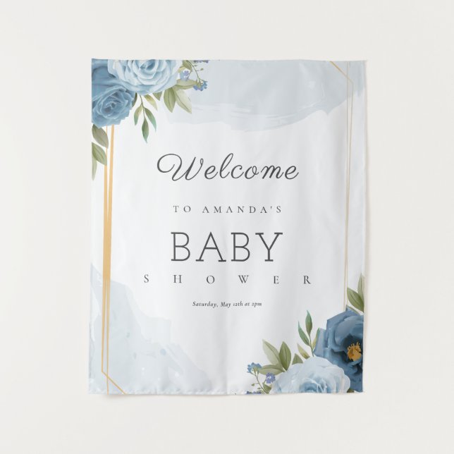 Little Sweetie Elegante Blue Botanical Baby Shower Wandteppich (Vorderseite)