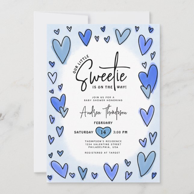 Little Sweetie Valentine Hearts Blue Baby Shower Einladung (Vorderseite)