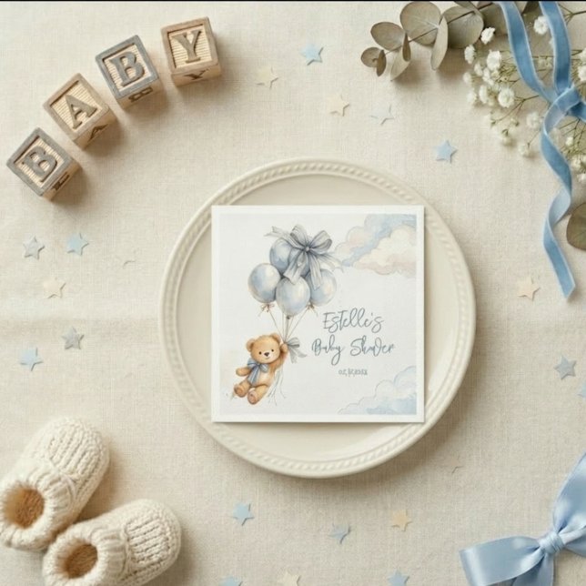 Little Teddy Bear Blue Balloons Clouds Baby Boy Serviette (Von Creator hochgeladen)