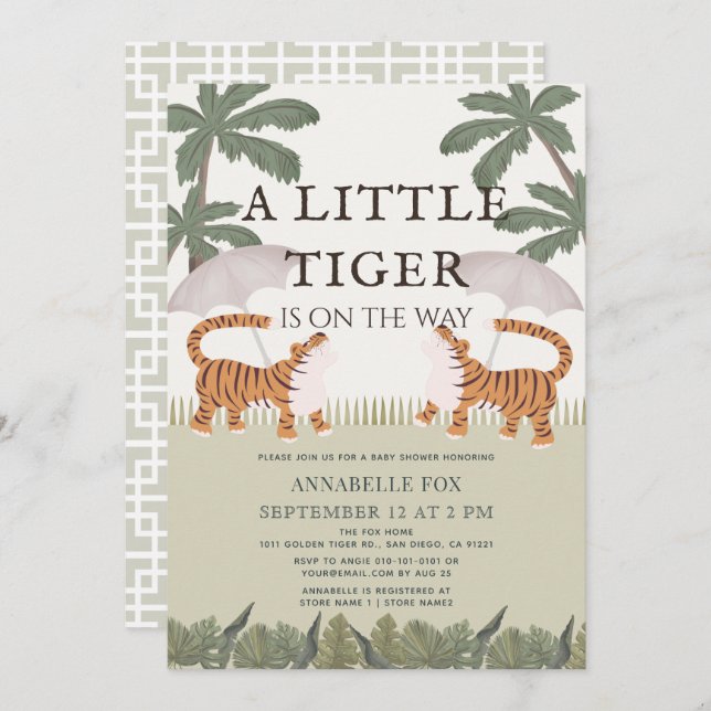 Little Tiger chinoiserie Chic Green Baby Dusche Einladung (Vorne/Hinten)
