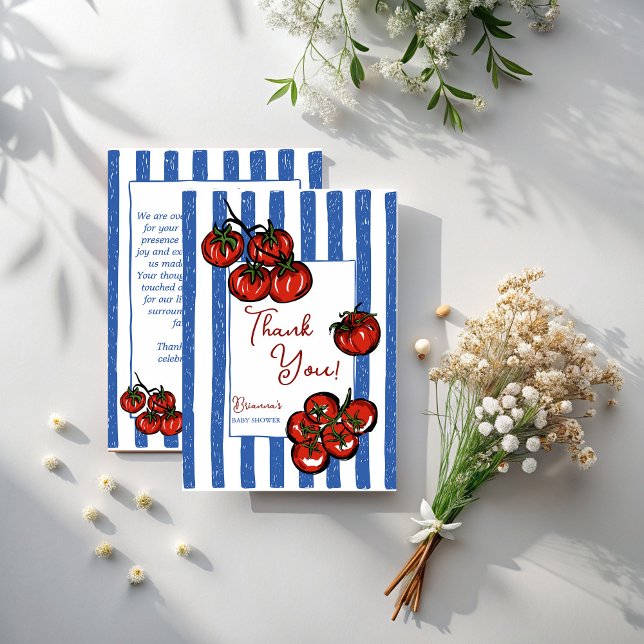 Little tomato blue stripes Italian baby shower Dankeskarte (Little tomato blue stripes Italian  farmers market baby shower Thank You Cards)