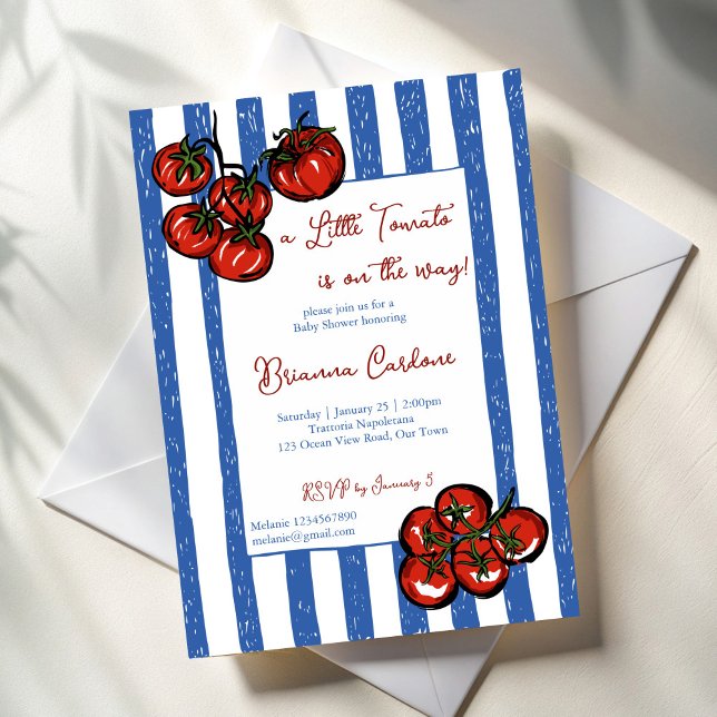 Little tomato blue stripes Italian baby shower Einladung (Little tomato blue stripes Italian  farmers market baby shower Invitation cards template)