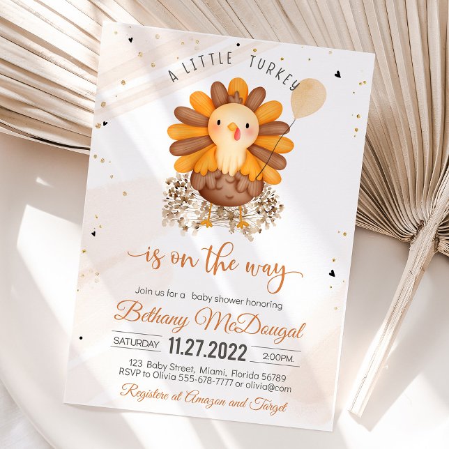 Little Turkey Erntedank Baby Dusche Party Einladung (Little Turkey On The Way! Thanksgiving baby shower favor tags with turkey design, warm autumn colors)