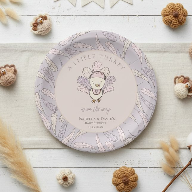 Little Turkey Feathers Autumn Girl Baby Shower Pappteller (Little Turkey Thanksgiving Baby Shower Plates. Pink, Purple Cute Baby Turkey & Feather Illustration )