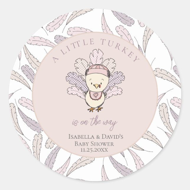 Little Turkey Feathers Autumn Girl Baby Shower Runder Aufkleber (Vorderseite)